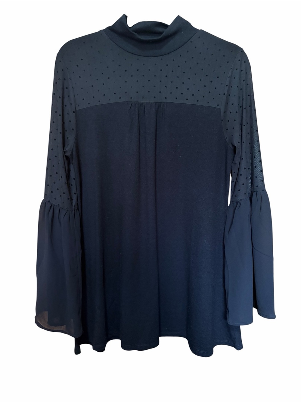 Mock-Neck Black Dot Yoke Bell-Sleeve Boho Romantic Blouse